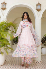 Elegant pastel pink ethnic gown with multicolor floral print and beautiful embroidered look.