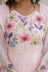 Charming light pink floral printed long ethnic gown for traditional events and special occasions.