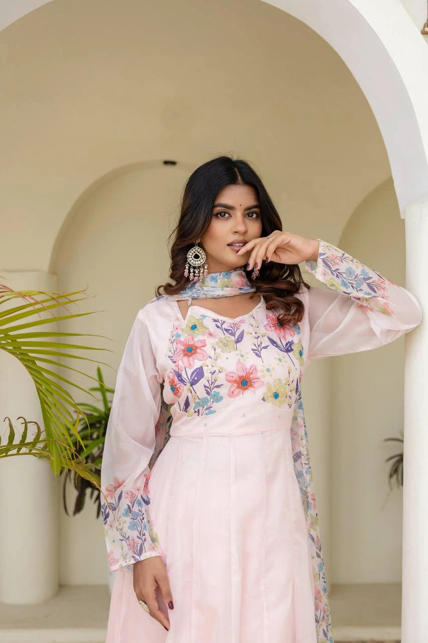 Premium pink floral printed Anarkali dress perfect for weddings, parties, and celebrations.