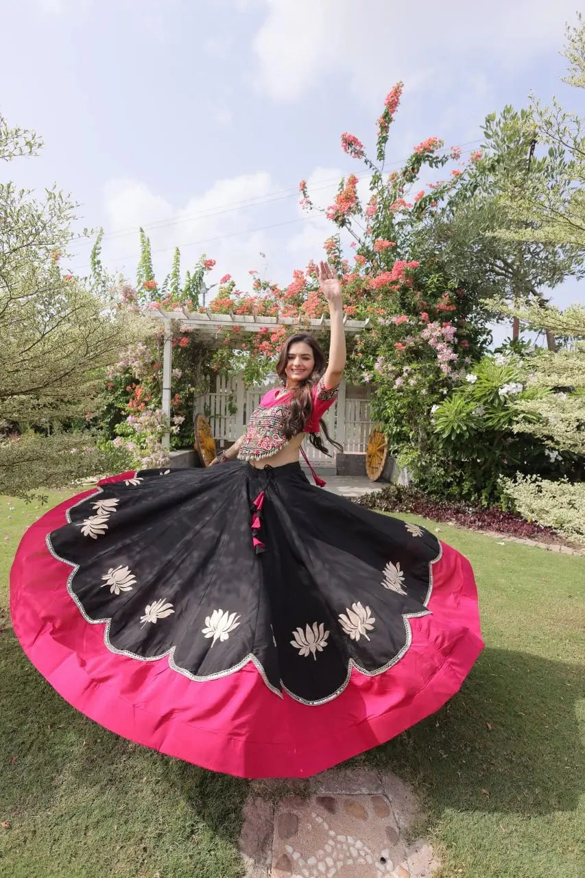 Designer Black Lehenga Choli with Colorful Handcrafted Embroidery, Hot Pink Border, and Festive Wear Appeal