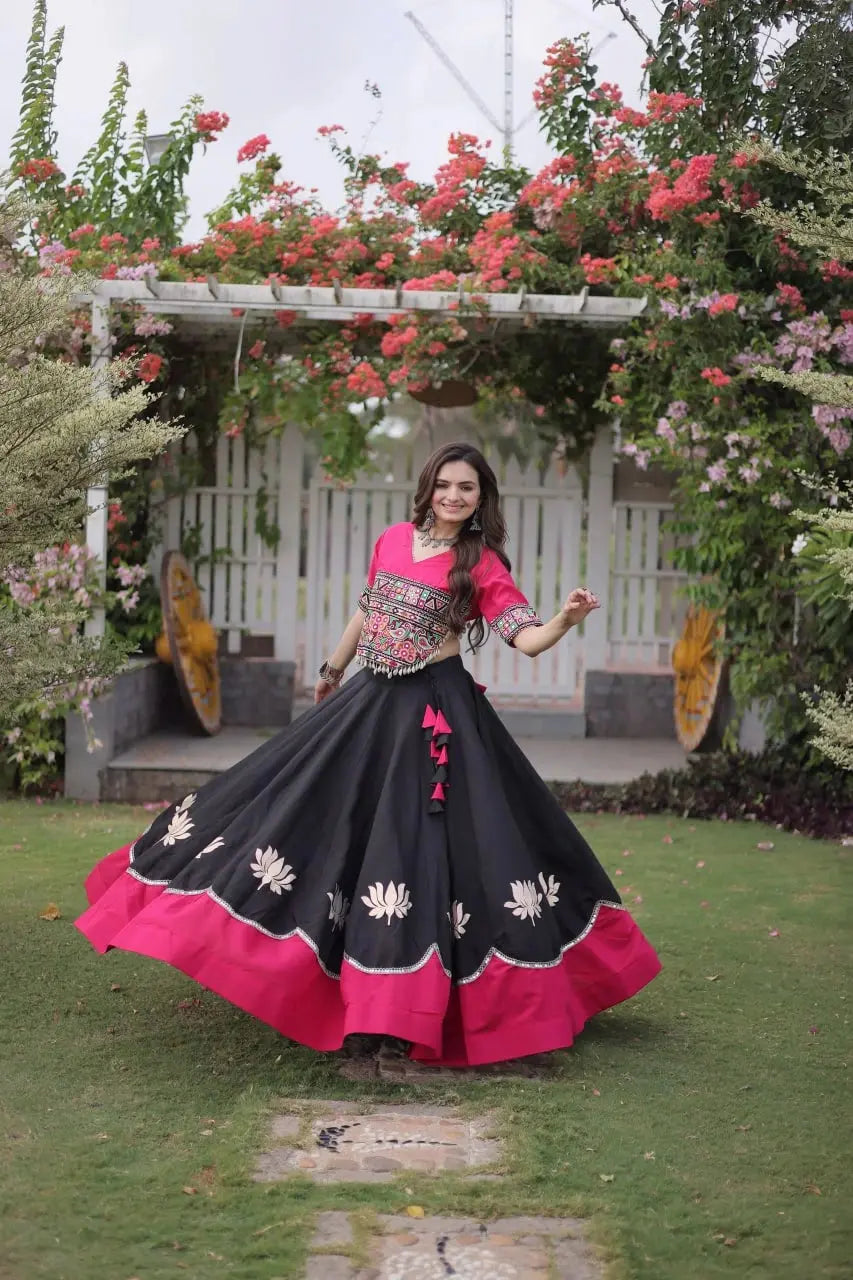Stylish Black and Pink Lehenga featuring Kutchi Inspired Embroidery, Flared Silhouette, and Designer Finish