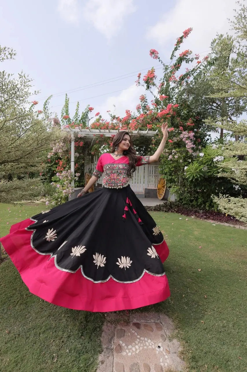 Women's Festive Black Lehenga Set with Hot Pink Contrast Hem, Embroidered Choli, and Graceful Ethnic Style