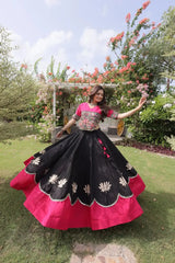 Elegant Black Party Wear Lehenga featuring Designer Embroidered Blouse, Hot Pink Border, and Ethnic Charm
