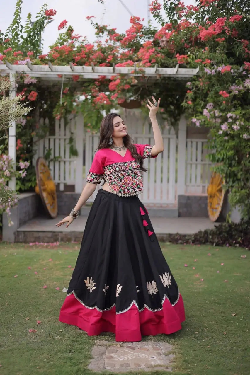 Traditional Black and Pink Lehenga Choli with Colorful Mirror Style Embroidery and Festive Appeal
