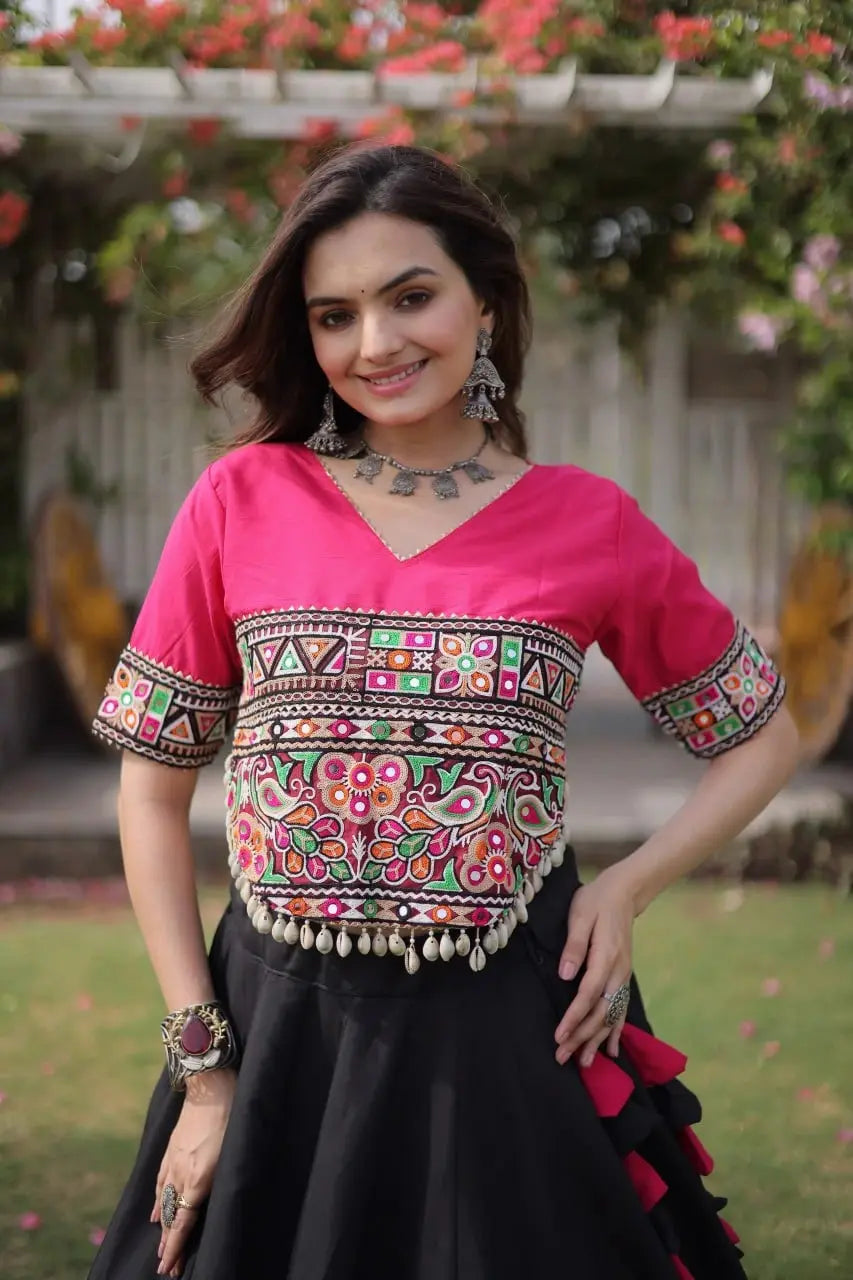 Beautiful Black Ethnic Lehenga with Intricate Embroidered Choli, Lotus Motifs, and Elegant Flared Skirt