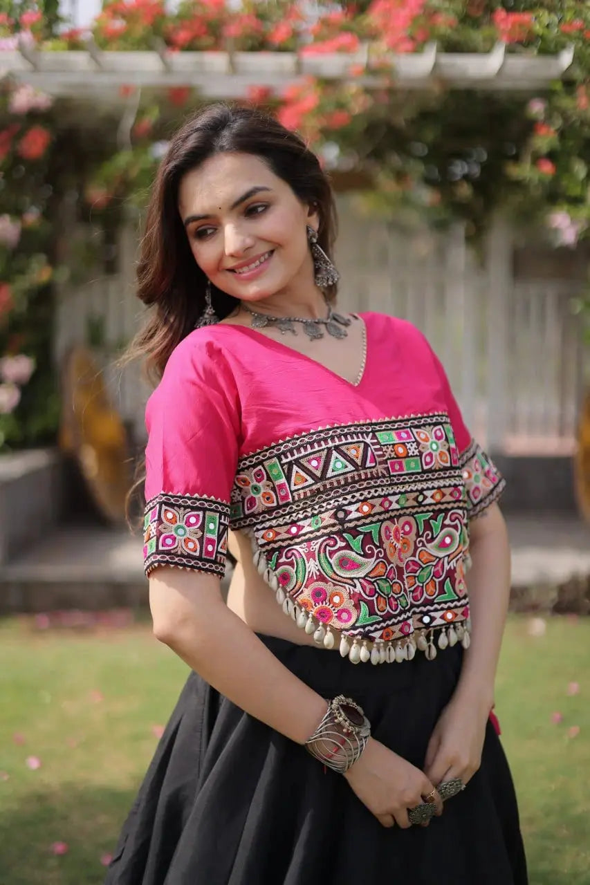 Women's Black and Hot Pink Lehenga Choli with Colorful Kutchi Embroidery and Traditional Ethnic Design