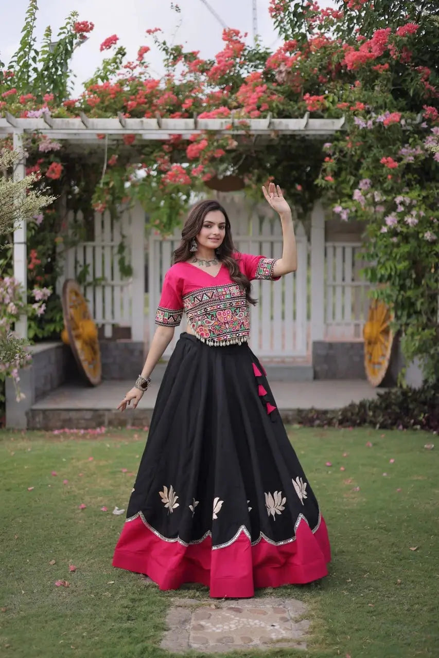 Women's Premium Black Lehenga with Tribal Inspired Embroidery, Lotus Print Border, and Wedding Ready Style