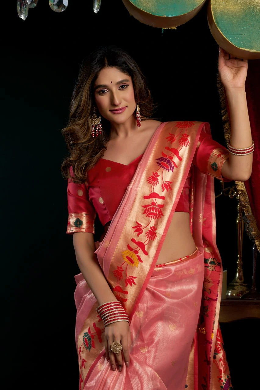 Woman in a pink saree with red blouse against a dark background