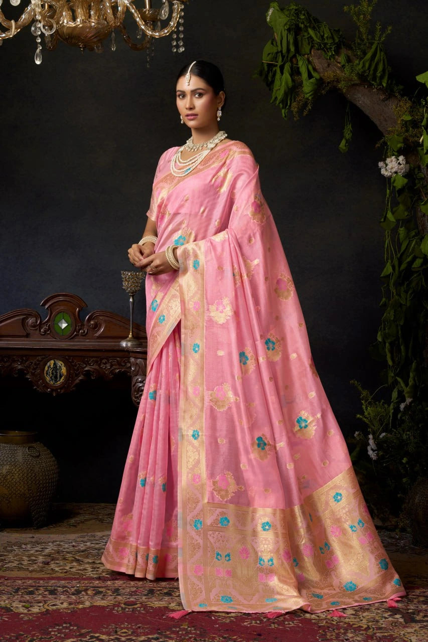 Woman in a pink saree with gold border standing against a dark background