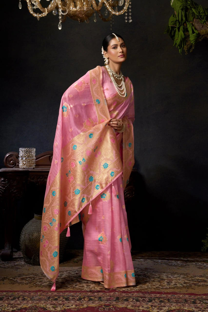 Woman in a pink saree with gold border standing against a dark background