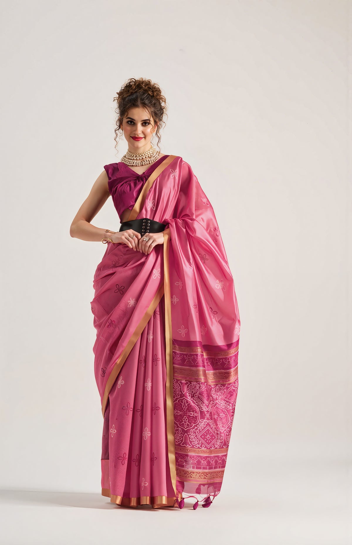 Woman wearing a pink saree with a white background