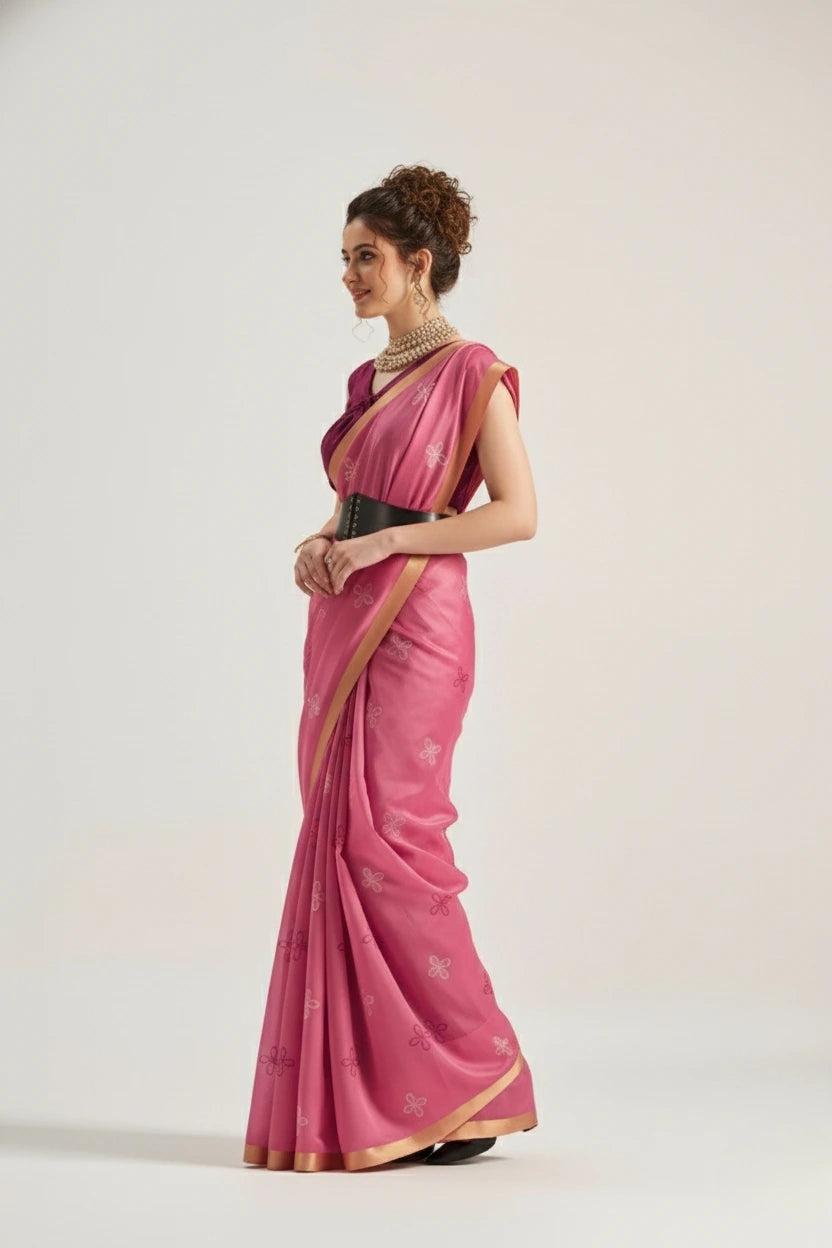 Woman wearing a pink saree with a white background