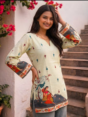 Pista Green Kalamkari Short Kurti three-quarter view showing side slit and Rajasthani printed border