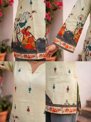 Detail collage of Pista Green Kalamkari Short Kurti showing hem border, sleeve print, V-neckline, and side slit