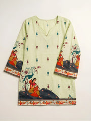 Flat lay of Pista Green Kalamkari Print Short Kurti showing full V-neck design, printed sleeves and Rajasthani motif border