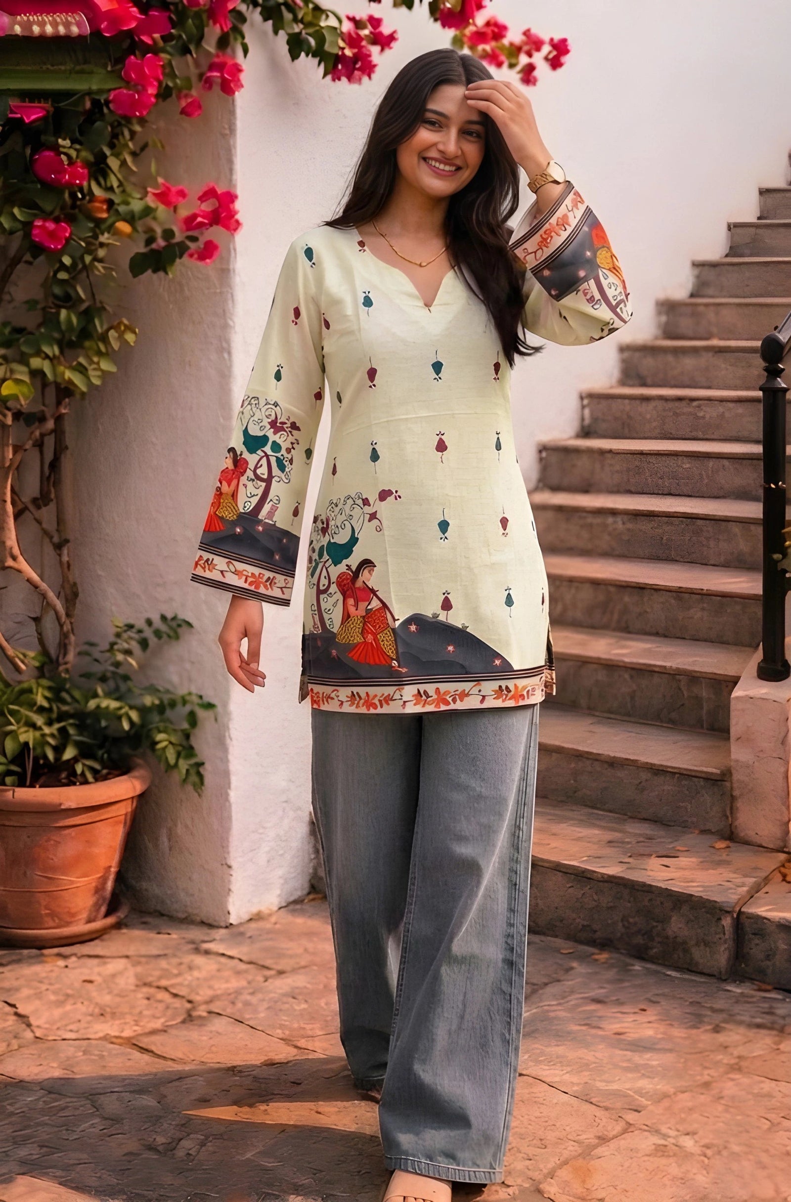 Pista Green Kalamkari Print Short Kurti with V-neck and full sleeves, featuring Rajasthani women and floral motifs on cotton fabric, styled with wide-leg jeans