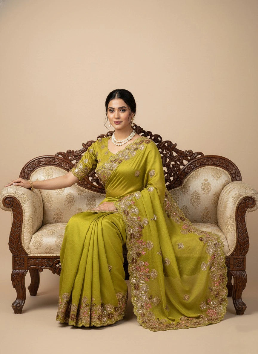 Woman in a green saree sitting on an ornate chair against a beige background