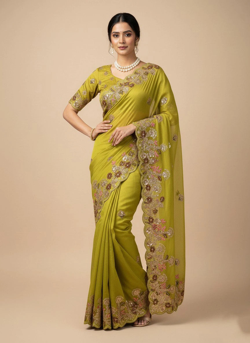 Woman wearing a green saree with floral patterns on a beige background