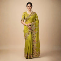 Pista Green Embroidery Work Soft Fendy Chiffon Saree