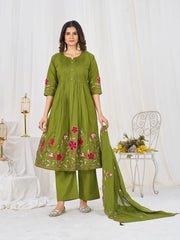 Beautiful olive green embroidered kurta set featuring vibrant floral motifs, matching pants, and a graceful dupatta for an elegant ethnic look.