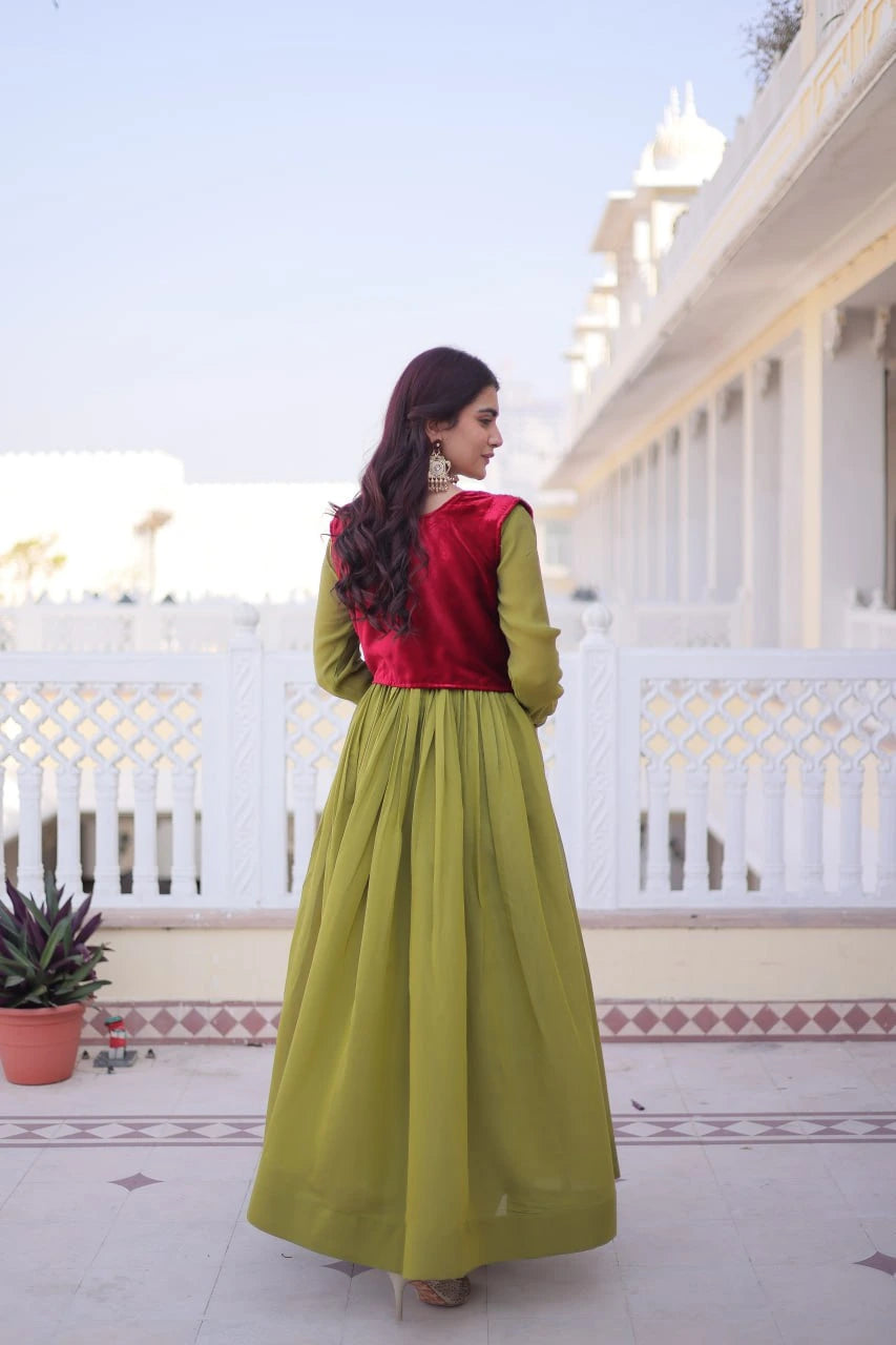 Pista Green Sequins Embroidered Mal Chanderi Gown Set