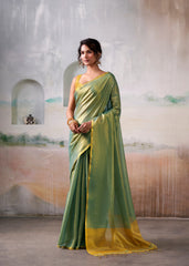 Woman wearing a green saree with a blurred background