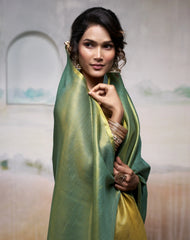 Woman wearing a green and yellow saree with a blurred background