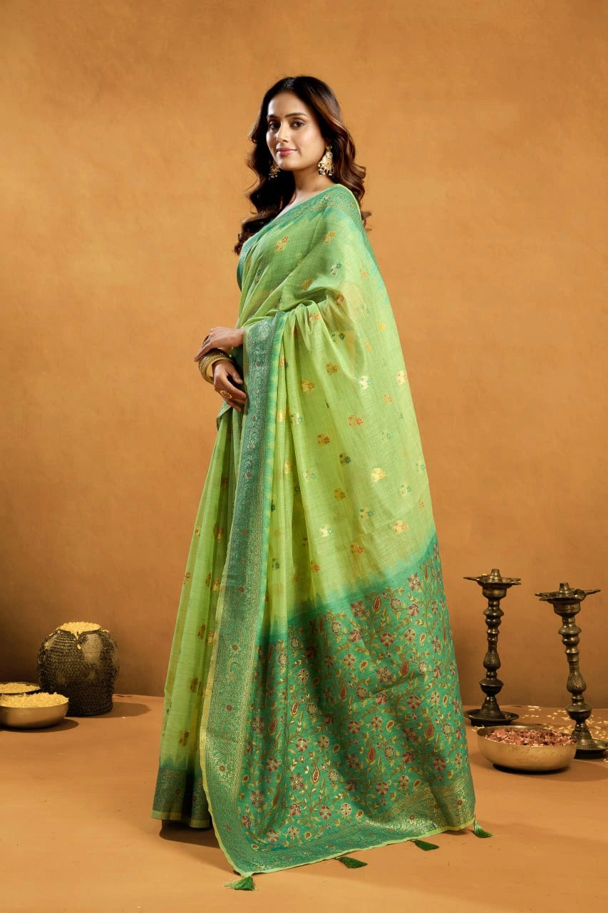 Woman wearing a green saree with a brown background