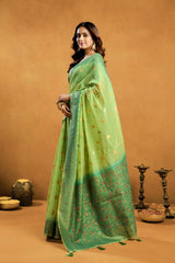 Woman wearing a green saree with a brown background
