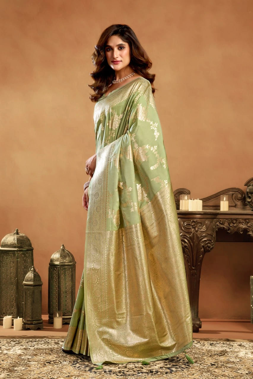 Woman in a light green saree standing against a warm-toned background with decorative elements.