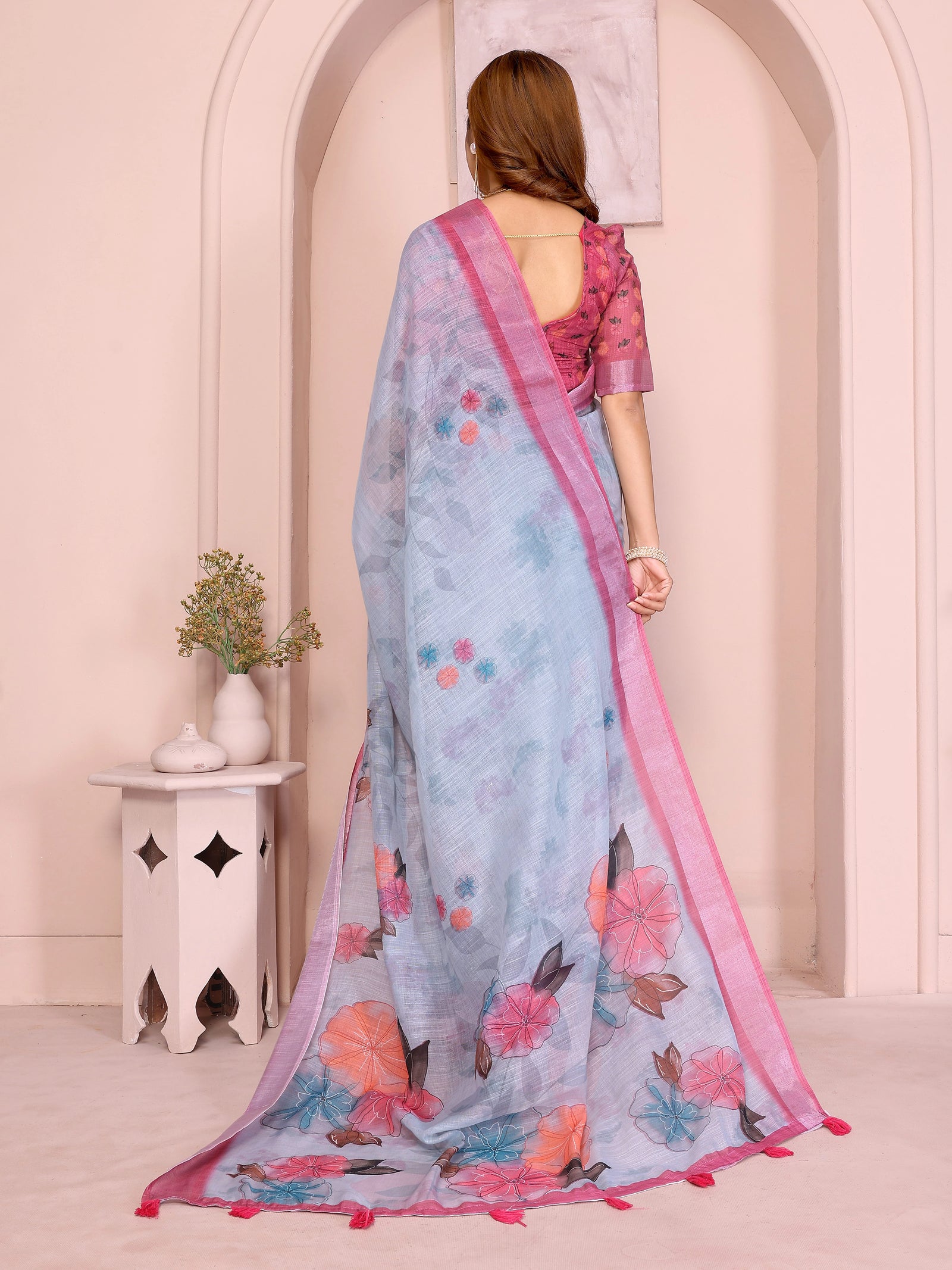 Powder Blue Digital Floral Print Saree back view – multicolor outlined floral pallu with pink contrast border spread