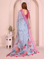 Powder Blue Digital Floral Print Saree back view – multicolor outlined floral pallu with pink contrast border spread