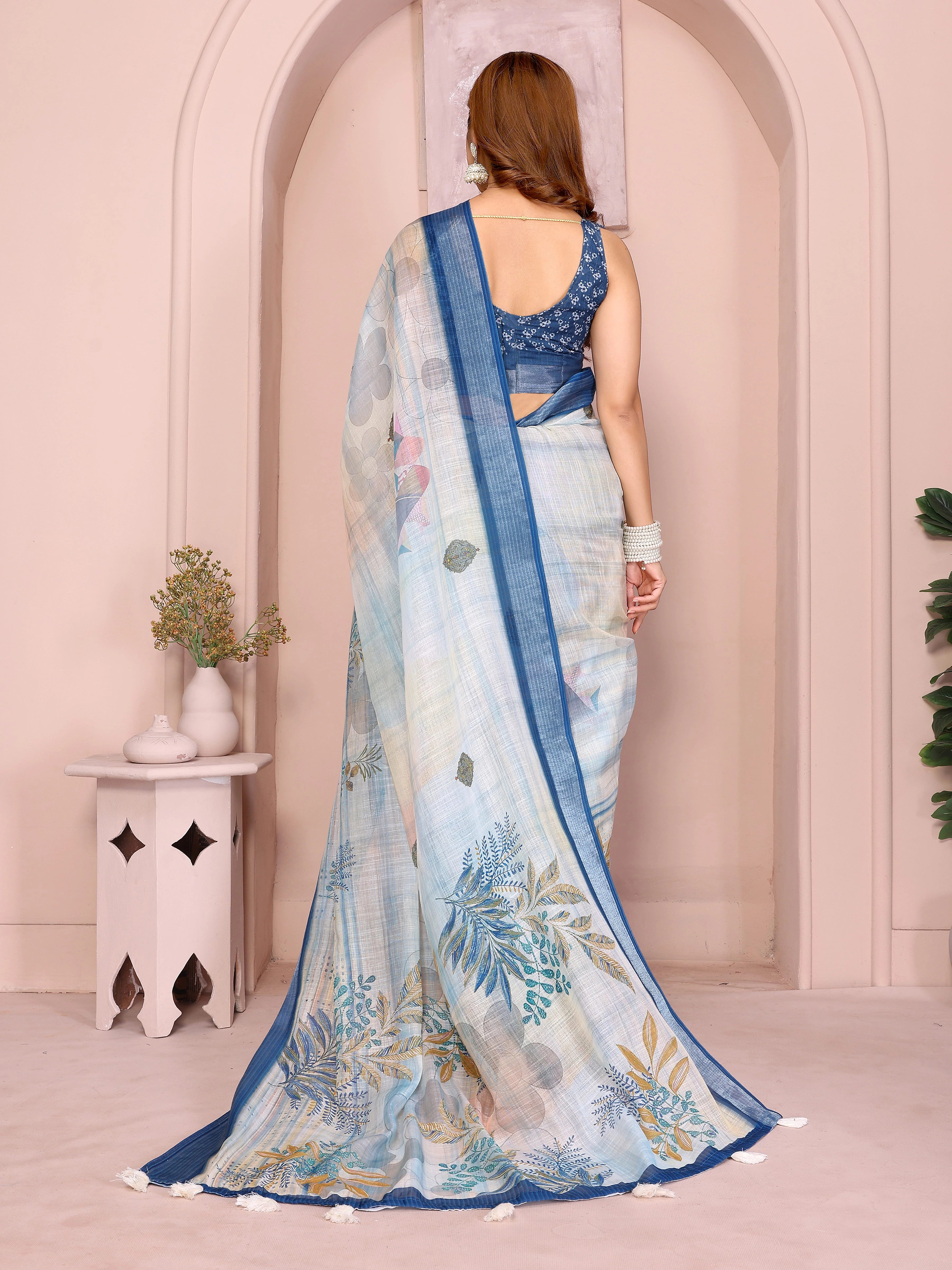 Powder Blue Digital Floral Print Saree – back view showing drape, navy border and blouse back detail