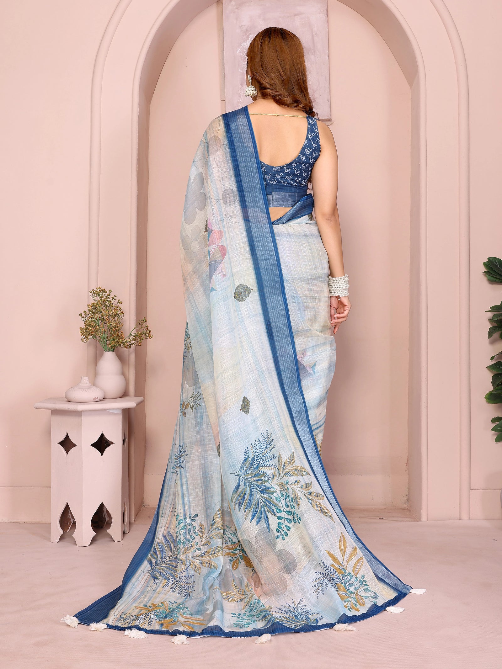 Powder Blue Digital Floral Print Saree – back view showing drape, navy border and blouse back detail