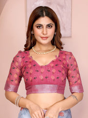 Powder Blue Digital Floral Print Saree – pink floral print V-neck elbow sleeve running blouse piece