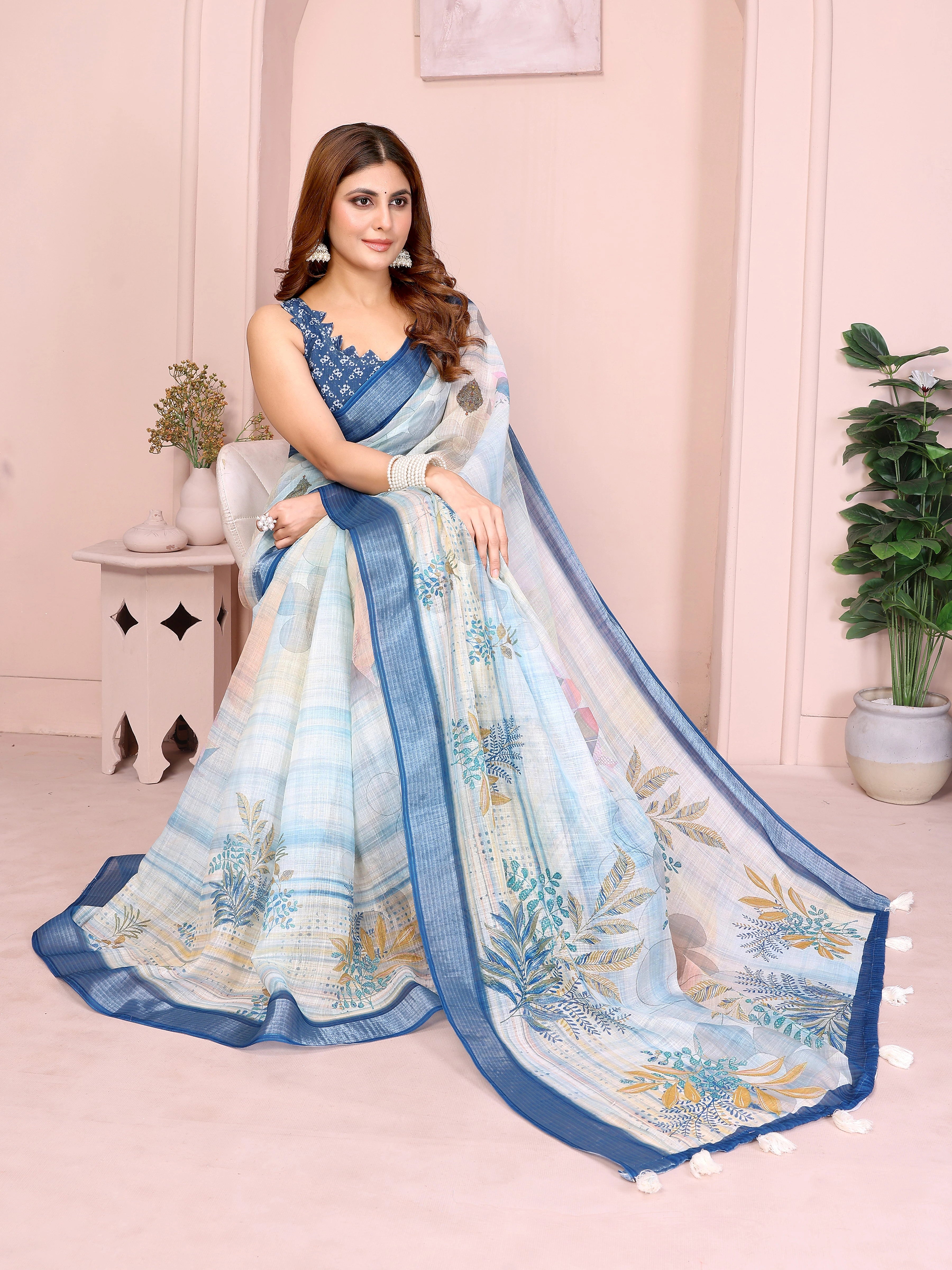 Powder Blue Linen Cotton Saree – seated drape view showing full pallu spread with contrast navy border