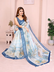 Powder Blue Linen Cotton Saree – seated drape view showing full pallu spread with contrast navy border