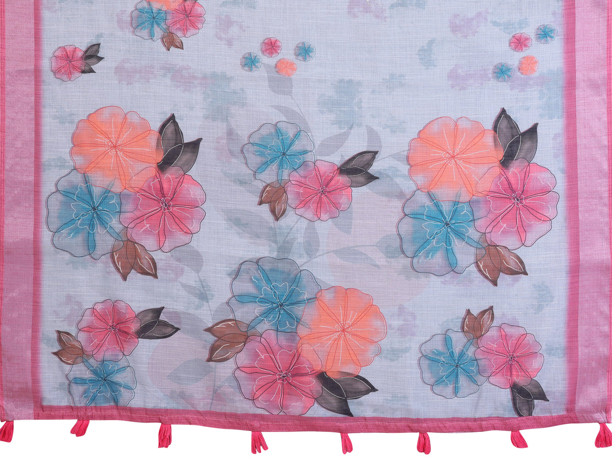 Powder Blue Digital Floral Print Saree flat lay – full saree and blouse piece, outlined floral print with pink border and tassels