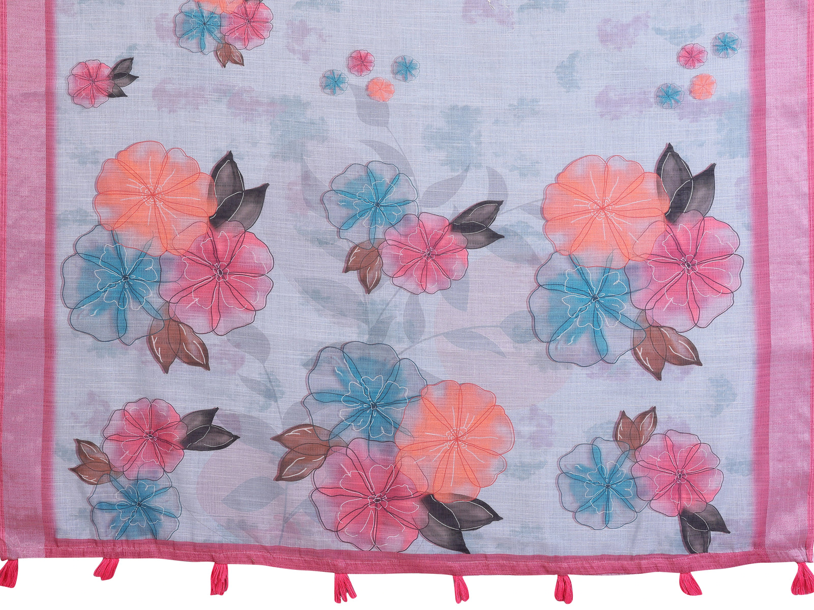 Powder Blue Digital Floral Print Saree flat lay – full saree and blouse piece, outlined floral print with pink border and tassels