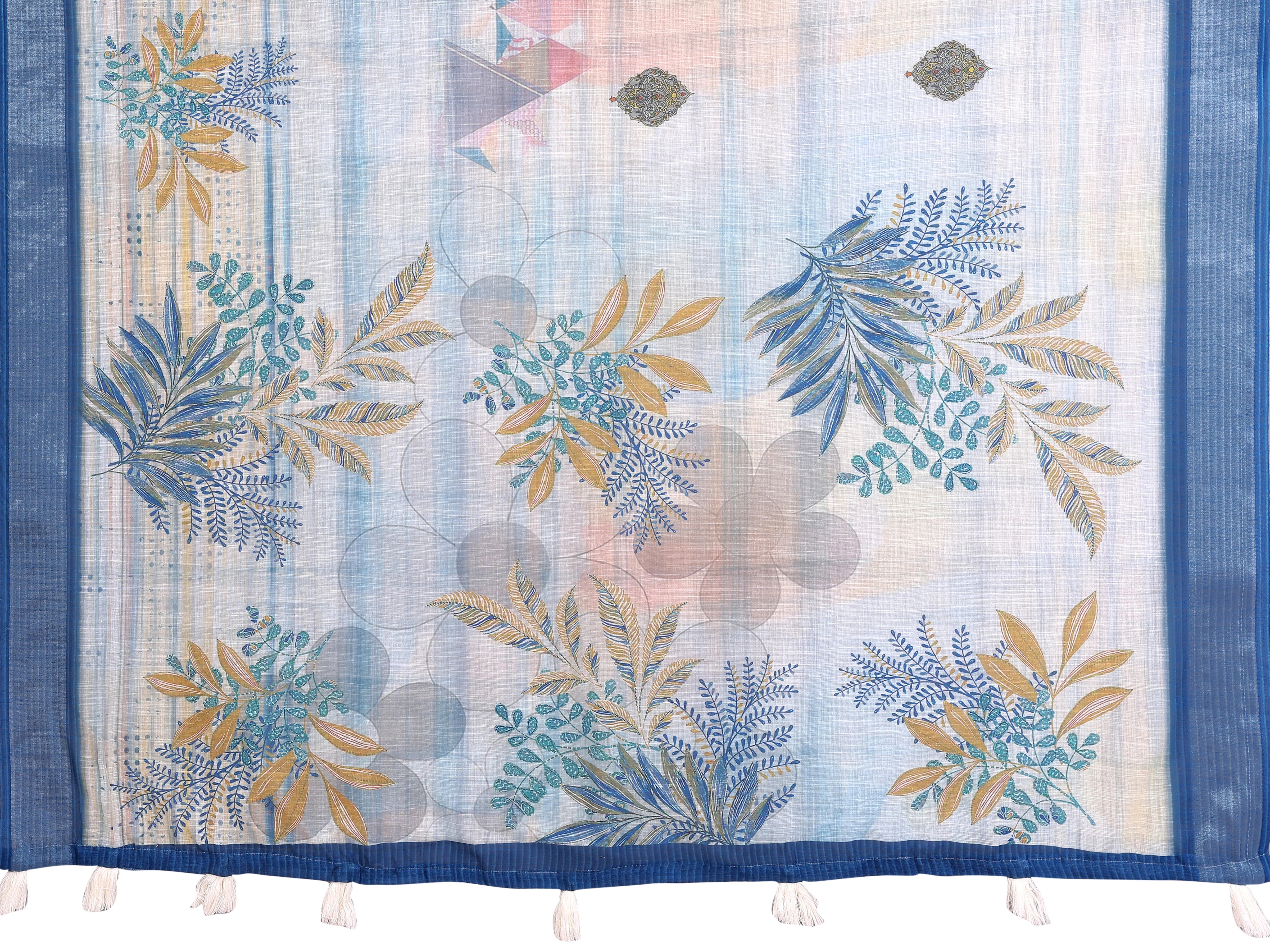 Powder Blue Digital Floral Print Saree – flat lay showing full tropical botanical leaf design and printed pallu