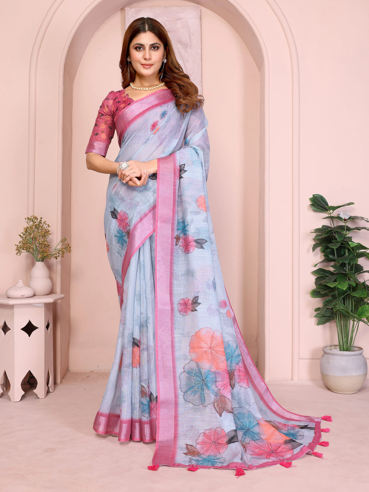 Powder Blue Digital Floral Print Saree front view – linen cotton with outlined teal orange and pink florals, pink contrast border