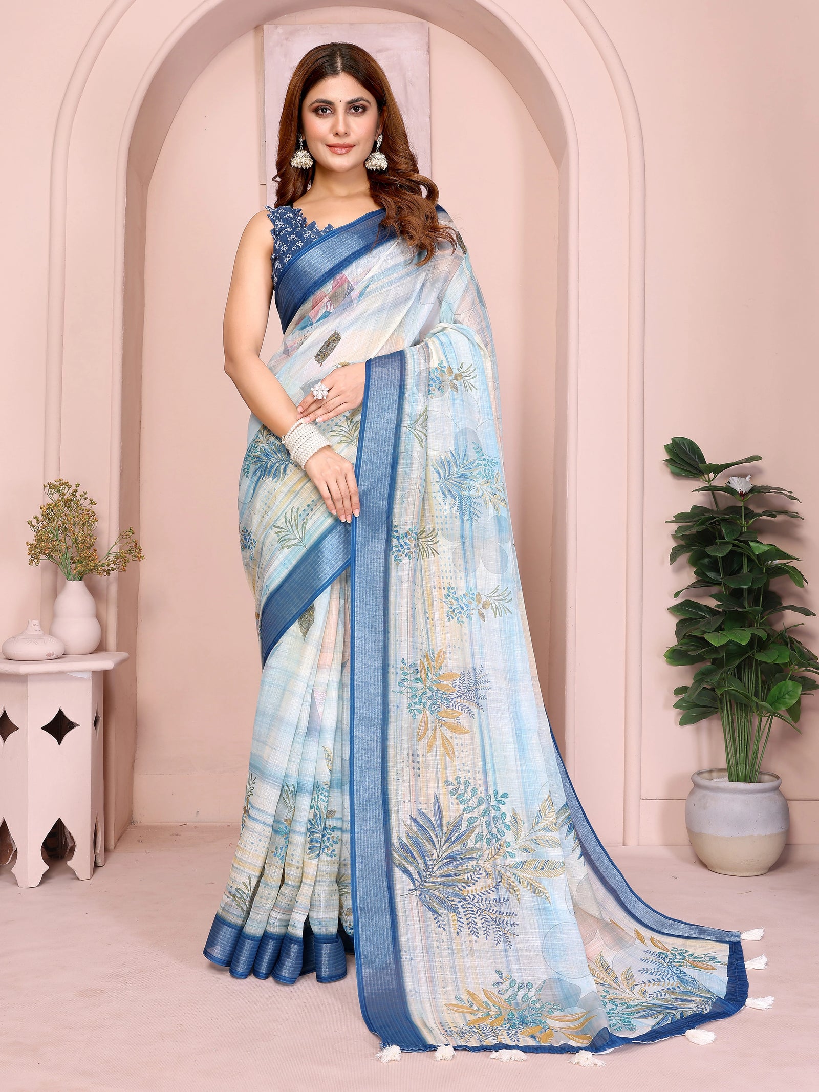 Powder Blue Digital Floral Print Saree – standing front view in linen cotton with tropical botanical leaf print