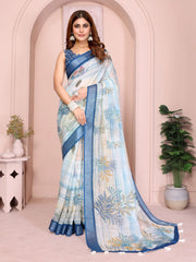 Powder Blue Digital Floral Print Saree – standing front view in linen cotton with tropical botanical leaf print
