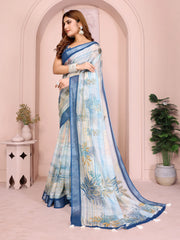 Powder Blue Linen Cotton Saree – side profile showing botanical print, navy border and white tassel pallu