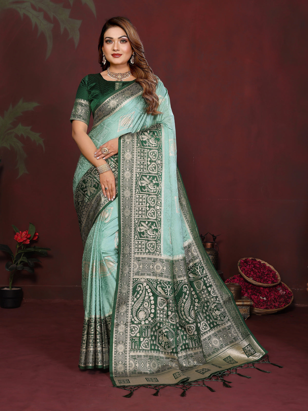 Woman wearing a traditional saree with a dark background