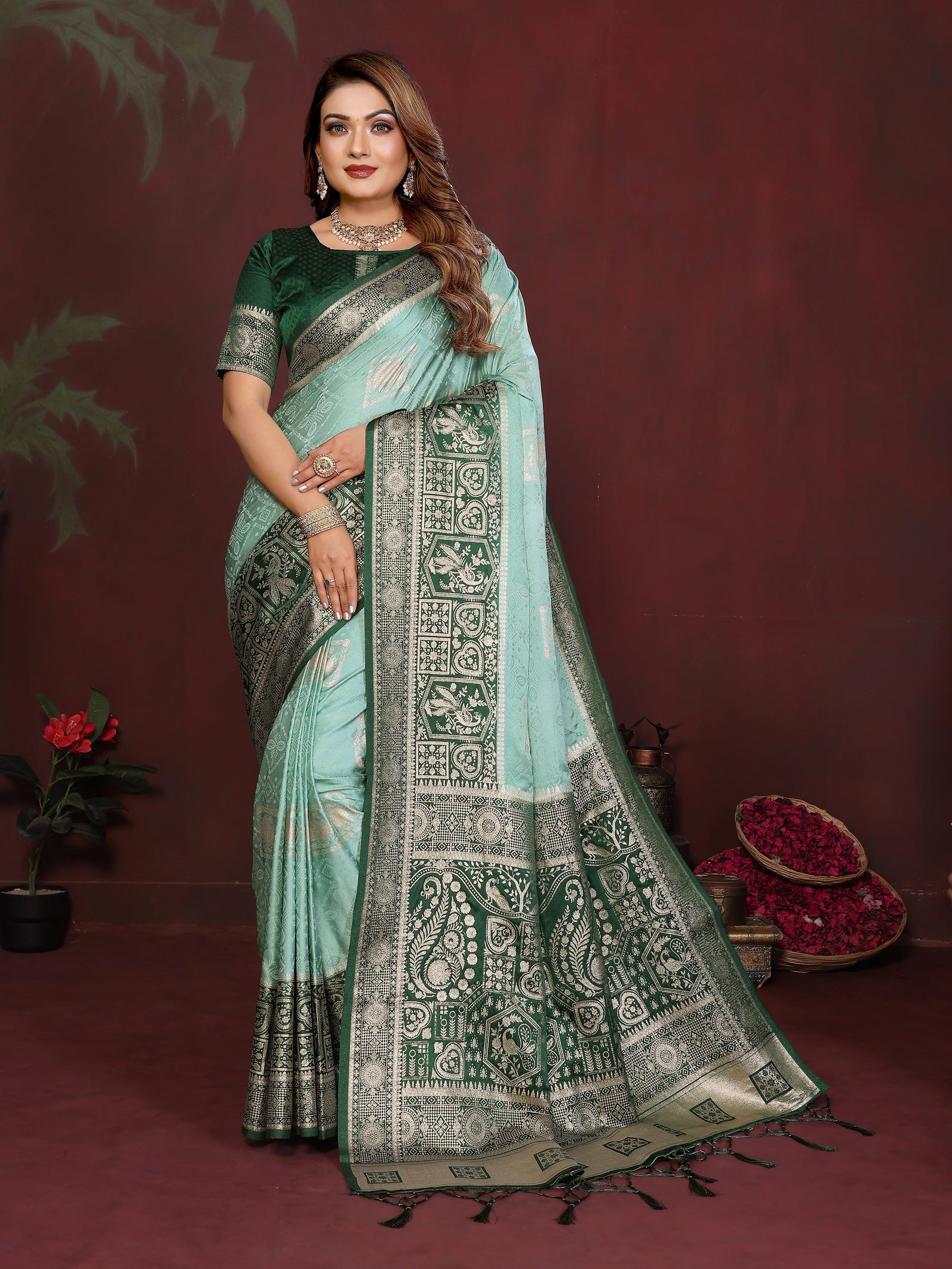 Woman wearing a traditional saree with a dark background