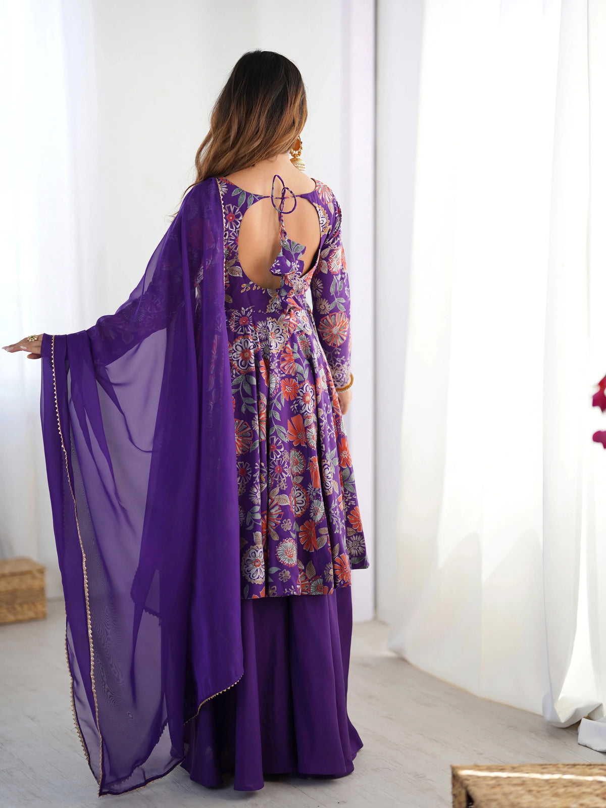 Purple Discharge Print Suit back view showing keyhole tie-up