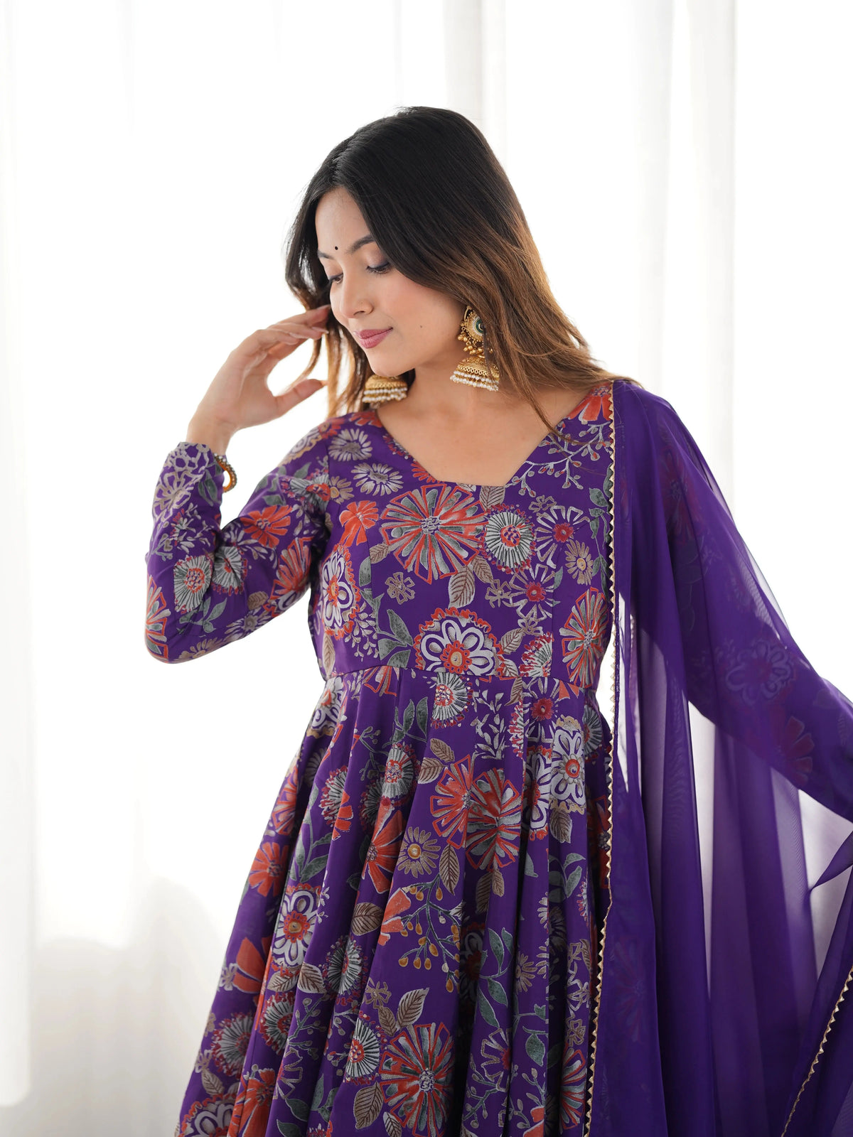 Close-up of Purple Discharge Print Suit bodice and sleeve