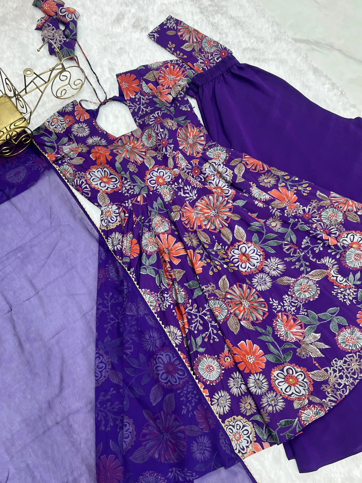 Purple Discharge Print Suit flat lay with keyhole back tie detail