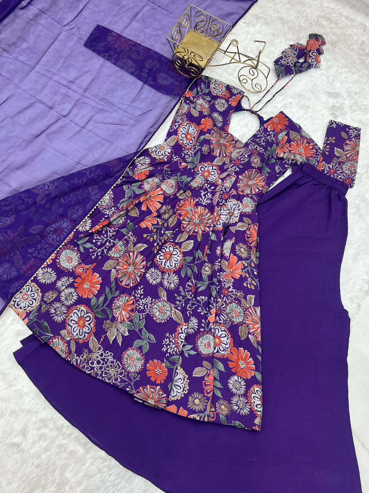 Purple Discharge Print Suit flat lay, full set overview